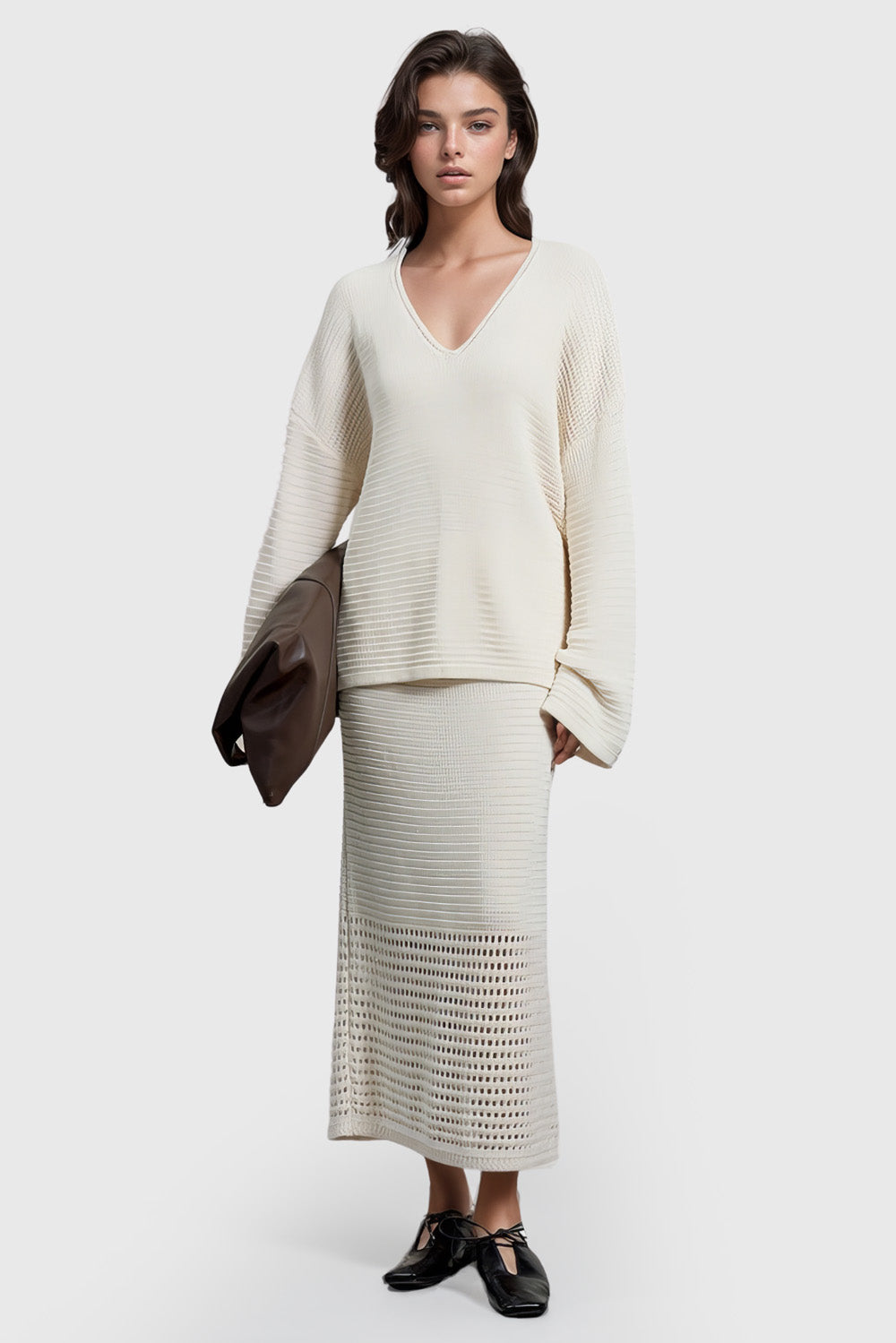 Knitted V Neckline Sweater - White