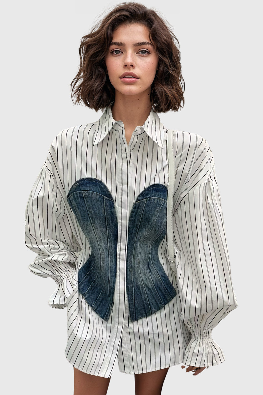 Tailored Shirt with Denim Detail - Striped