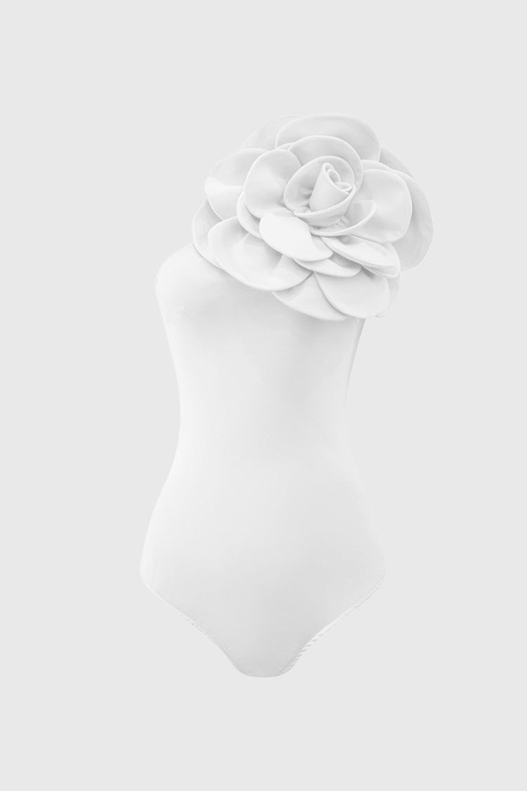 Bodysuit with Oversized Flower - White