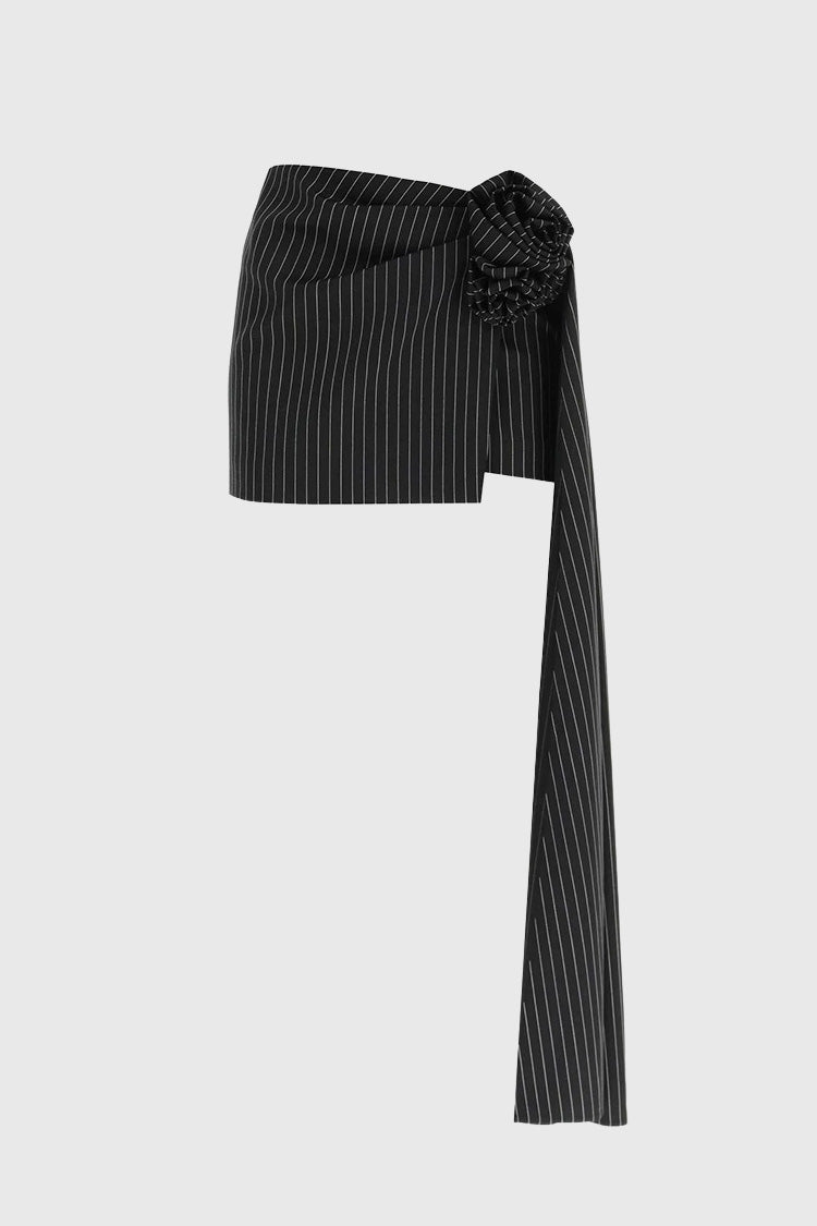 Striped Mini Skirt with Detail at Front - Black